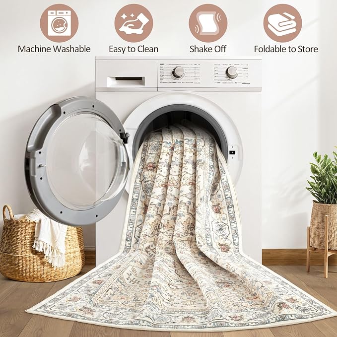 9x12 Area Rug Living Room: Washable Boho Large Neutral Vintage Soft Rugs Stain Resistant Farmhouse Non Slip Indoor Floor Carpet for Bedroom Nursery Kids Playroom Office Dining Room- Cream Blue