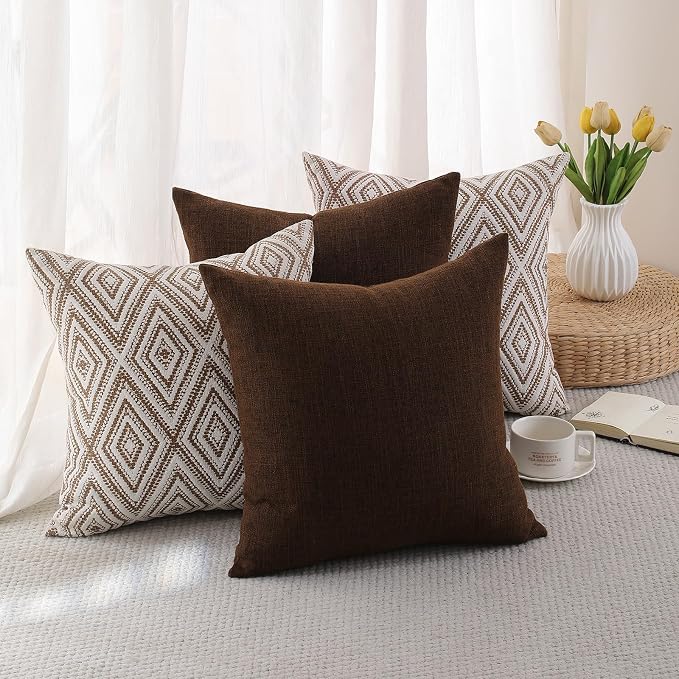 HPUK Throw Pillow Covers 18x18 Inch Set of 4, Linen Decorative Pillow Covers, Accent Cushion Covers for Couch Sofa Bed Bedroom Living Room Décor, Chocolate