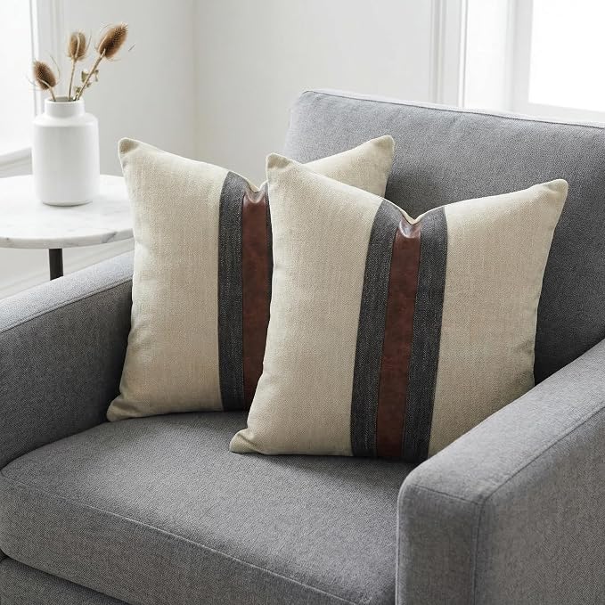 Set of 2 Leather Throw Pillow Covers Cotton Linen Decor Patchwork Pillow Cover Faux Leather Pillows Cover for Couch Sofa Living Room Bedroom,Beige Yellow 18"x18"
