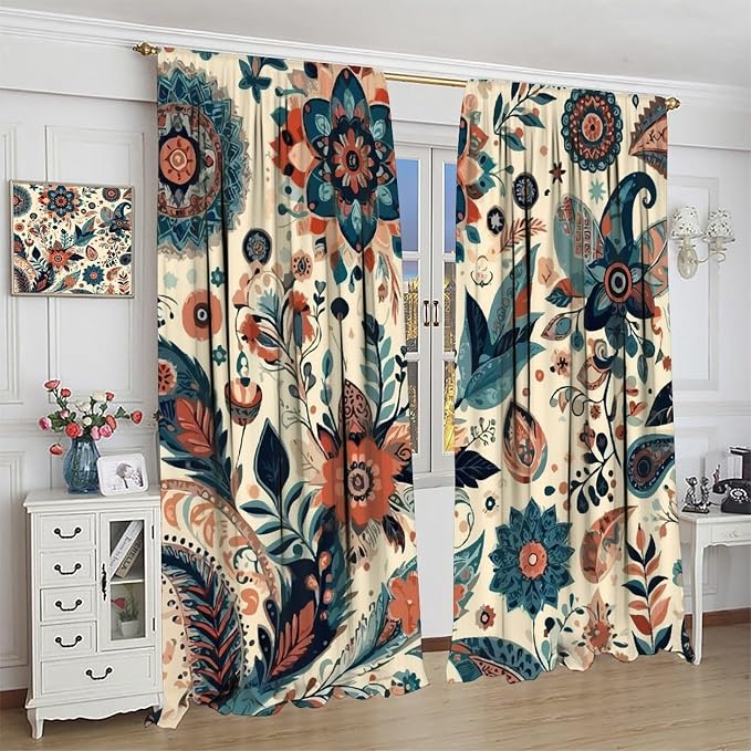 Bohemian Floral Curtains, Vintage Floral Natural Botanical Peris Pattern Window Treatments, Blackout Curtains for Bedroom Living Room72X63 Inch