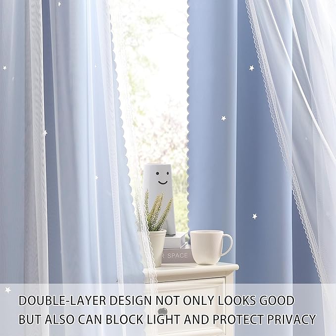 XiDi Light Blue Blackout Curtains for Girls Bedroom Living Room 63 Inches Long 2 Panels Star Curtains Boys Kids Room Darkening Thermal Insulated Drapes Grommet Noise Reduction Window Treatments 34x63