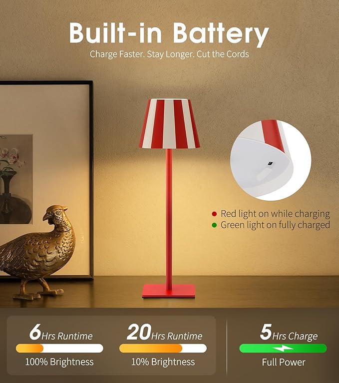 UME 3 Pack Cordless Table Lamp, Battery Operated Lamp - Portable Waterproof Rechargeable Table Lamp w/ 3 Color Temps & Stepless Dimming for Dinner, Desk, Cafe, Outdoor (Red)