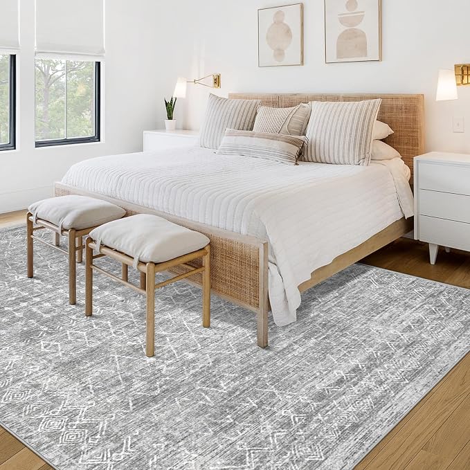 Area Rug Living Room Rugs 5x7 - Large Soft Boho Geometric Rugs, Non-Slip Foldable Washable Area Rug Non Shedding Morden Indoor Floor Carpet for Living Bedroom Office Dining Room (Moroccan Grey, 5'x7')