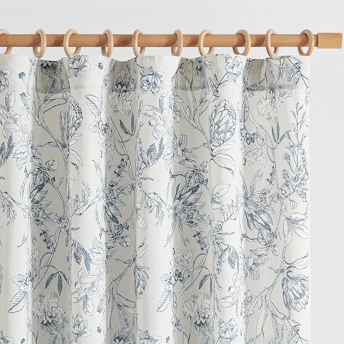 jinchan Floral Curtains 90 Inch Length Blue Flower Linen Farmhouse Curtain for Living Room French Country Vintage Curtain Rod Pocket Curtains Set 2 Panels Blue Floral Printed