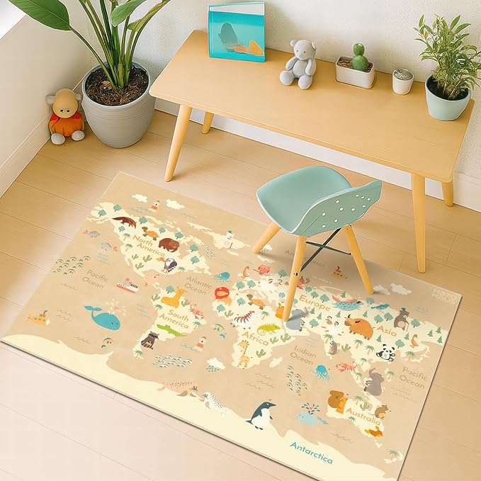 Hazo Haus 3x5 Animal World Map Bedroom Rug for Kids – Soft Educational Area Rug with Cute Animals by Continent, Washable Stain Resistant Nursery Rug - Beige
