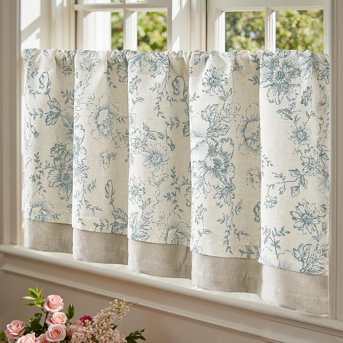 jinchan Linen Kitchen Curtain 24 Inch French Floral Double Layer Curtain Farmhouse Tier Drape Rustic Half Window Treatment for Living Room Light Filtering Rod Pocket 1 Panel Blue on Beige