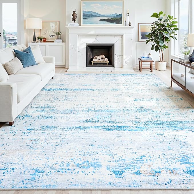 10x14 Area Rugs Washable Rug: Anti-Skid Abstract Modern Living Room Rug Soft Thin Carpets Indoor Floor Non-Shedding Carpet for Bedroom Dining Nursery Home Office (Light Blue/White/Beige,10'x14')