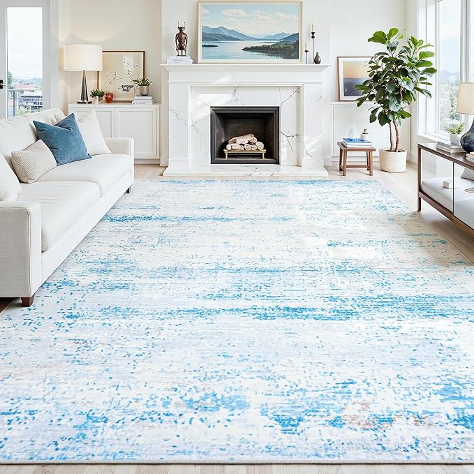 10x12 Area Rugs Washable Rug: Anti-Skid Abstract Modern Living Room Rug Soft Thin Carpets Indoor Floor Non-Shedding Carpet for Bedroom Dining Nursery Home Office (Light Blue/White/Beige,10'x12')