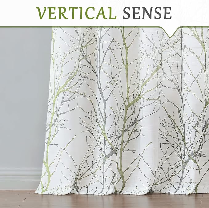 FMFUNCTEX Linen Semi Sheer Curtains for Bedroom, Sage Green White Curtains 54 Inches Long for Living Room, Grey Tree Branch Print Curtain Light Filtering Kitchen Window Drapes, Grommet Top 2 Panels