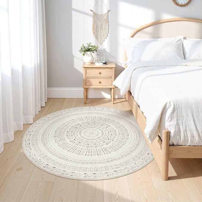 cotiled 5x5 Round Area Rugs Living Room Rug: Washable Boho Rugs with Non Slip Backing Large Soft Indoor Stain Resistant Carpet for Bedroom Farmhouse Dining Room Lightweight Home Decor L Brown/Cream