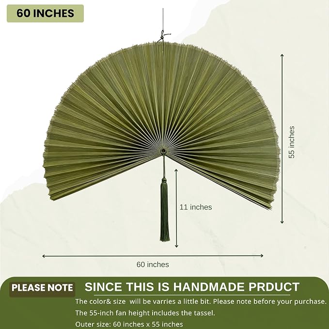 ChumDecor Fan Wall Decor, Japanese Giant Fan, Large Bamboo Fan Wall Art For Boho Hanging Headboard, Decorative Folding Fans For Over Bed, Asia Trending (Army Green 60inch)