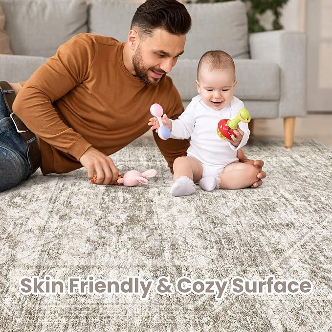 Vintage Living Room Area Rug 6x9 - Large Soft Washable Oriental Traditional Distressed Farmhouse Rugs for Bedroom - Indoor Floor Accent Carpet for Home Office House Decor - Distressed Light Brown