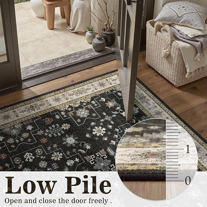 DCX Black Boho 5x7 Area Rugs, Machine Washable Non Slip Geometric Floral Rug, Stain Resistant Low Pile Soft Rug for Living Room, Bedroom, Nursery, Playroom