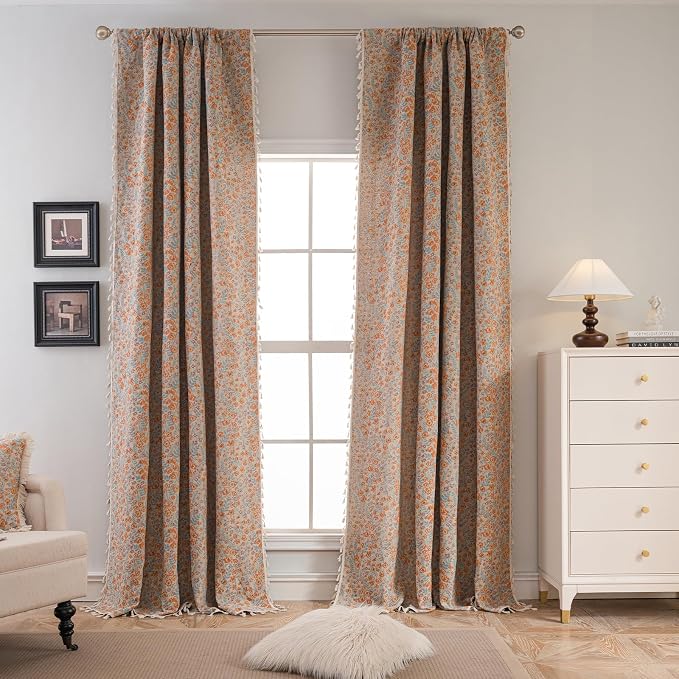 ENJOYBRIDAL Orange Floral Curtains Boho Light Filtering Drapes Vintage Jacquard Rod Pocket Semi Sheer Window Curtains Bedroom Living Room Aesthetic Tassel 84 Inch Length 2 Panels Set Window Treatments