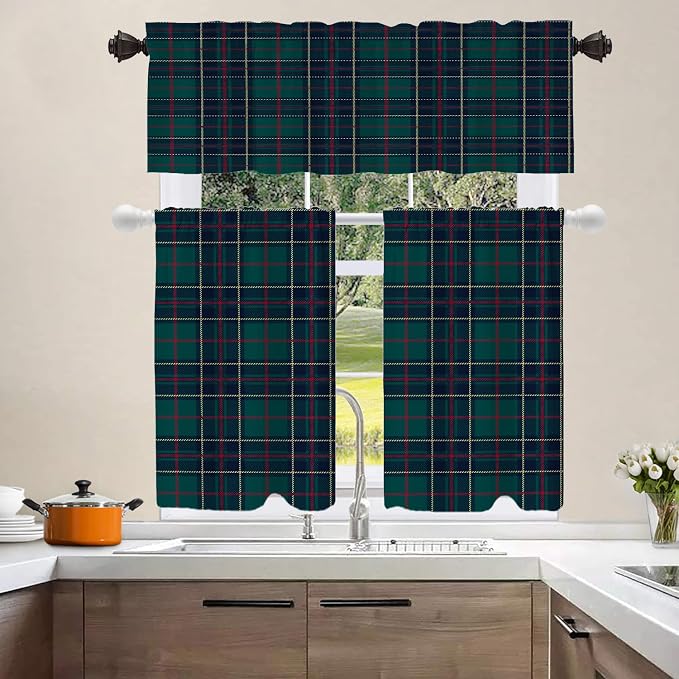 Shrahala Tartan Plaid Tier Curtains for Kitchen Windows, Green Scottish Fabric Kilt Twill Woven Cafe Curtain Multilayer Polyester Blackout Half Valances for Windows 2 Pack 36 X 26 in