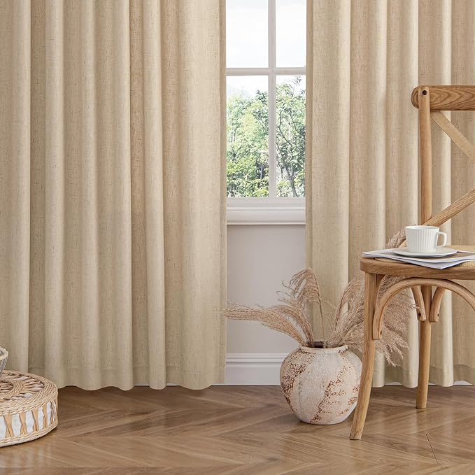 MIULEE Non-See-Through Privacy Linen Curtains 2 Panels, Light Filtering Window Curtains Farnhouse Textured Back Tab Semi Sheer Drapes for Bedroom Living Room, 52 x 96 Inches Long, Light Brown