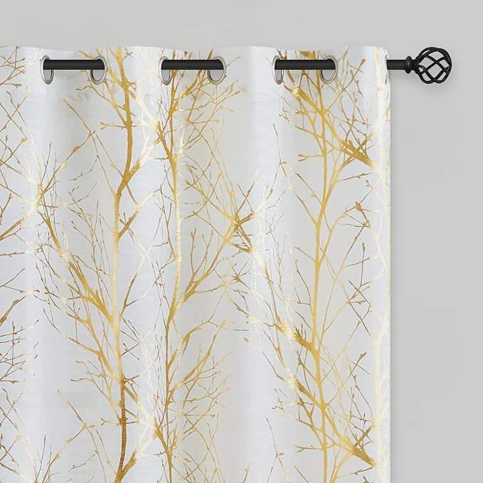 FMFUNCTEX Linen Semi Sheer Curtains, Gold Foil Metallic Print White Tree Panel for Bedroom & Living Room, Light Filtering 54 Inch Grommet Top 2 Panels