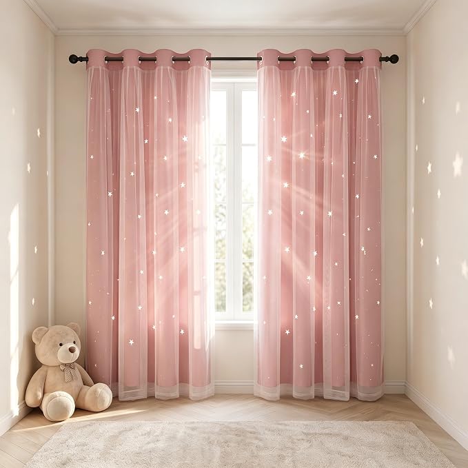 Princess Curtains for Girls Bedroom with Sheer Overlay,Double Layer Curtain for Living Room with Star Cutout, Curtains for Kids Room (70 W*84 L Inches,2 Pcs Pink)