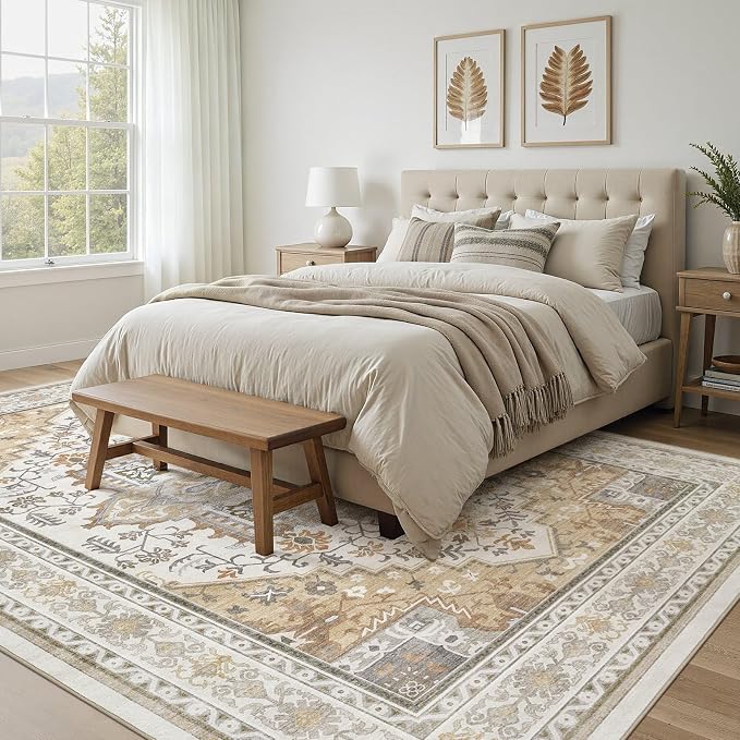 UERMEI 10x12 Area Rug for Living Room - Washable Vintage Carpet, Non-Slip Soft Large Indoor Floor Rugs for Bedroom Home Office & Under Dining Table Decor, Brown Beige