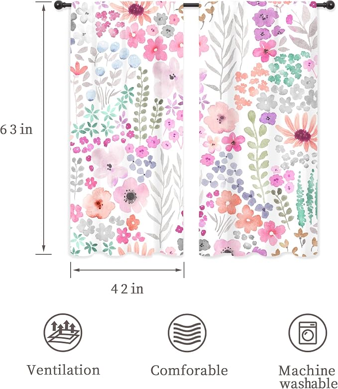 Riyidecor Purple Floral Colorful Curtains Cute Watercolor Flowers Leaves Plants Leaves Girly Botanical Modern Rod Pocket Preppy Funny Bedroom Living Room Treatment Fabric 2 Panels 42Wx63H Inch