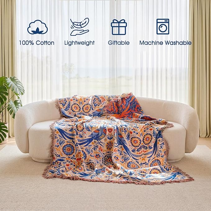Boho Throw Blanket - 100% Cotton Ultra Soft Muslin Spring Blanket, 50"x60" Lightweight Floral Bird Framhouse Bedding Blanket for Bed, All Season Blue Bohemian Bedroom Home Decor Quilt