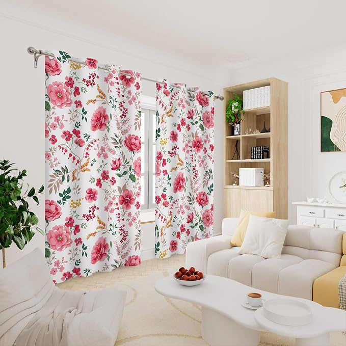 Renaiss Pink Rose Floral Curtains Red Peony Flowers Blackout Window Curtains for Bedroom Thermal Insulated Living Room Window Drapes 29W x 45L Inches 2 Panel Set, Grommet Top