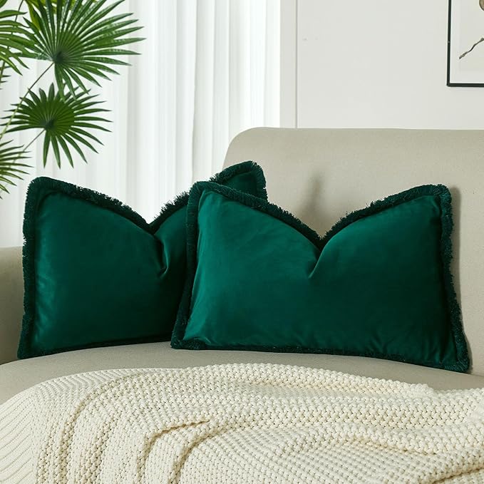 JUSPURBET Forest Green Lumbar Velvet Throw Pillow Covers 12x20 Inch Set of 2 with Soft Tassel Fringe Luxury Boho Pillowcase for Sofa Couch Bed Home Decor Machine Washable
