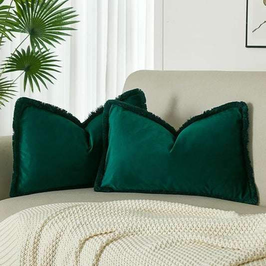 JUSPURBET Pack of 2 Forest Green Decorative Fringe Velvet Throw Pillow Covers 16x24 for Home Decor Living Room Bedroom Car Boho Soft Cushion Cover with Hidden Zipper Machine Washable