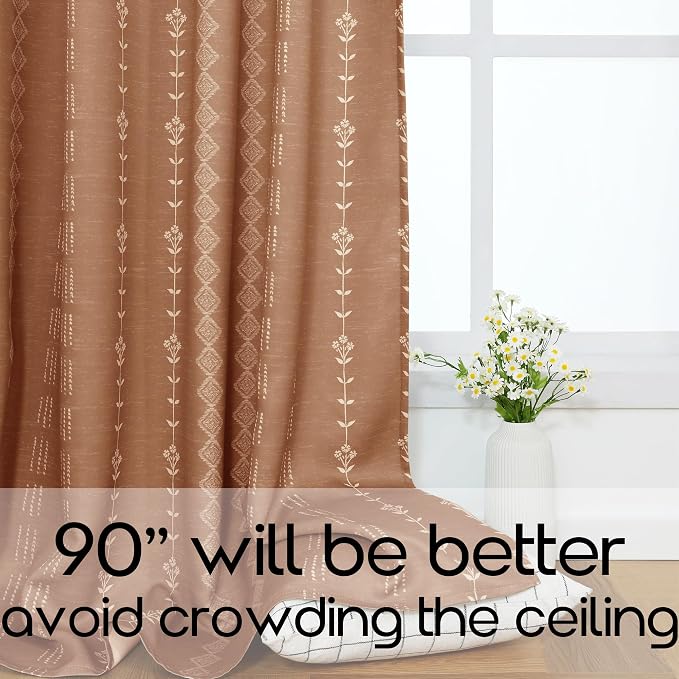 Vintage Floral Blackout Curtains 96 Inch Long, Burnt Orange Mid Century Modern Black Out Pleated Drapes, Boho Patterned Ceiling to Floor Length Curtain for Bedroom Living Room 2 Panel Set