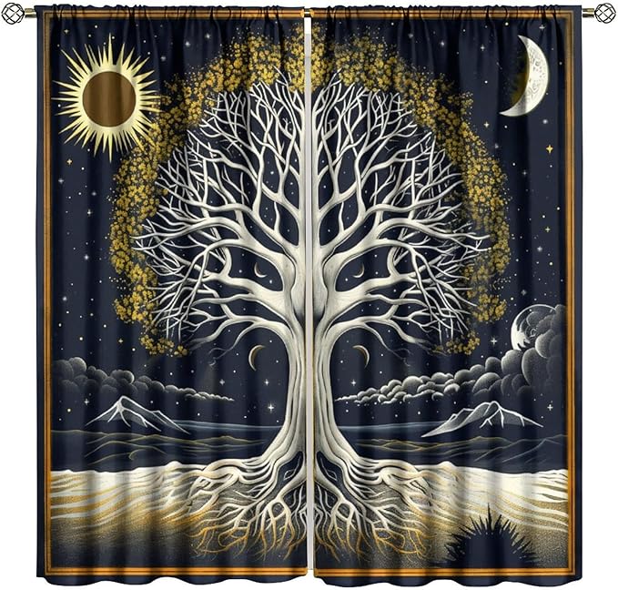 Sun Moon Blackout Curtains, Vintage Abstract Sun Moon Tree of Life Bohemian Mystic Window Drapes, for Bedroom Living Room 42" W X 54" L