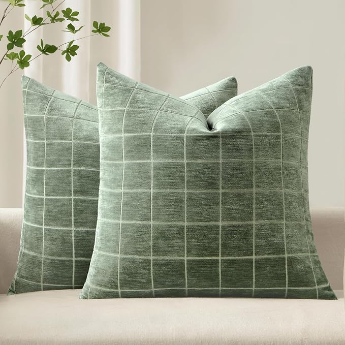 MIULEE Sage Plaid Decorative Throw Pillow Covers 18x18 Set of 2 | Vintage Check Chenille Couch Pillows Neutral Boho Farmhouse Cushion Covers Modern Home Decor for Sofa Bed Living Room