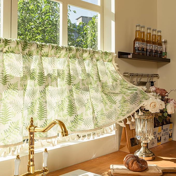 Deeprove Sage Green Boho Valance Window Curtain 18 Inch with Tassels Over Sink Fern Leaf Print KitchenSheer Short for Cafe Closet Farmhouse Chic Vintage Country Style Drape Decor 1 Panel 52W x 18L