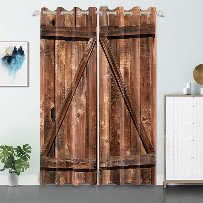 Old Tan Wooden Window Curtains American Rustic Garage Door Curtains Vintage Barn Door Drapes Wood Planks Rural Style Native Country Farmhouse Bedroom Window Treatment, 26x84 inch, 2 Panels