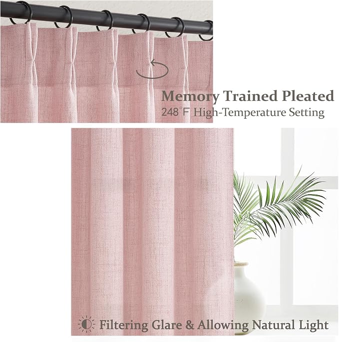 Light Pink Pinch Pleated Curtains 90 Inches Long for Girls Bedroom 2 Panels Set, Cute Linen Blend Semi Sheer Memory Trained Pleat Cortinas Rosadas Track System Window Drapes Decor 40 x 90 Inch Length