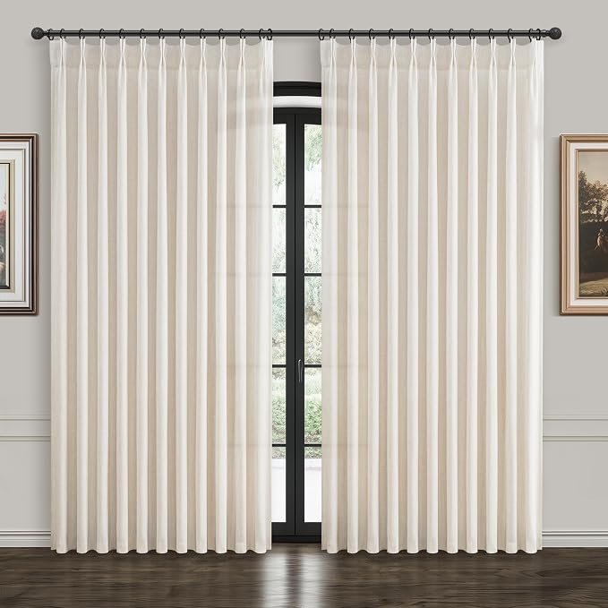 Pinch Pleated Natural Linen Extra Wide Sheer Curtains 70 x 90 Inches Long 2 Panels Set for Living Room, Rustic Farmhouse Ivory Cream Memory Trained Ceiling Track Curtain Light Filtering Window Drapes