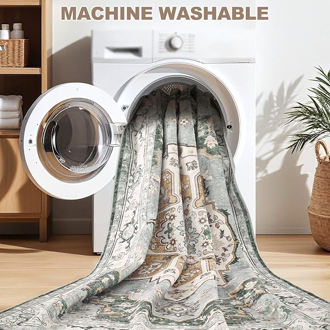 8x10 Washable Area Rug: Vintage Neutral Soft Non Slip Thin Large Floor Carpet for Living Room Bedroom Kitchen Dining Room Home Office Farmhouse Indoor - Green