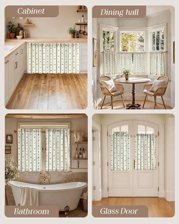Miss Adola Farmhouse Kitchen Tier Curtains - 36 Inch Length Linen Blend Floral Cafe Curtains Green Stripe Small Window Treatment Over Sink Rod Pocket for Bathroom Living Room Light Filtering, 2 Panels