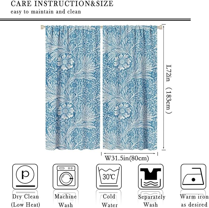 Bohe Vintage Floral Blackout Windows Curtains, William Morris Original Design Blue Flower Pattern Rod Pocket Curtains, for Living Room Bedroom 31.5(W)*72(L) 2 Panels