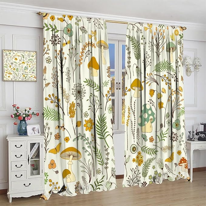 Wild Mushroom Curtains, Vintage Botanical Rustic Retro Wildflower Herbs Plants Green Mushroom Blackout Window Treatments for Living Room Kitchen Bedroom 55x63in