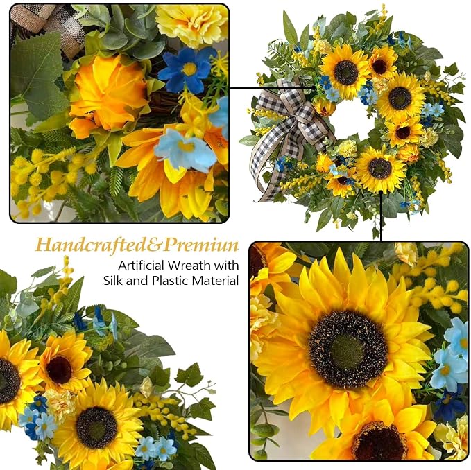 WANNA-CUL 24 Inch Summer Sunflower Wreath Linen Ribbon Front Door Wreath | Classic Farmhouse Door Wreath For Spring,Porch Indoor & Outdoor Mother's Day Decor With Daisies And Buffalo Check Ribbon.
