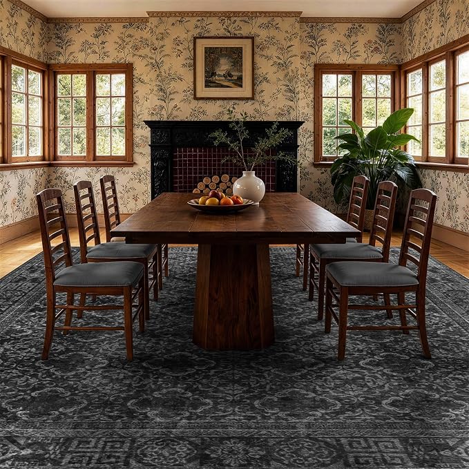 LIANLAM 8x10 Washable Area Rug, Vintage Boho Traditional Pattern, Non-Slip Stain Resistant Rug for Living Room Bedroom(8x10,Black/Boho)