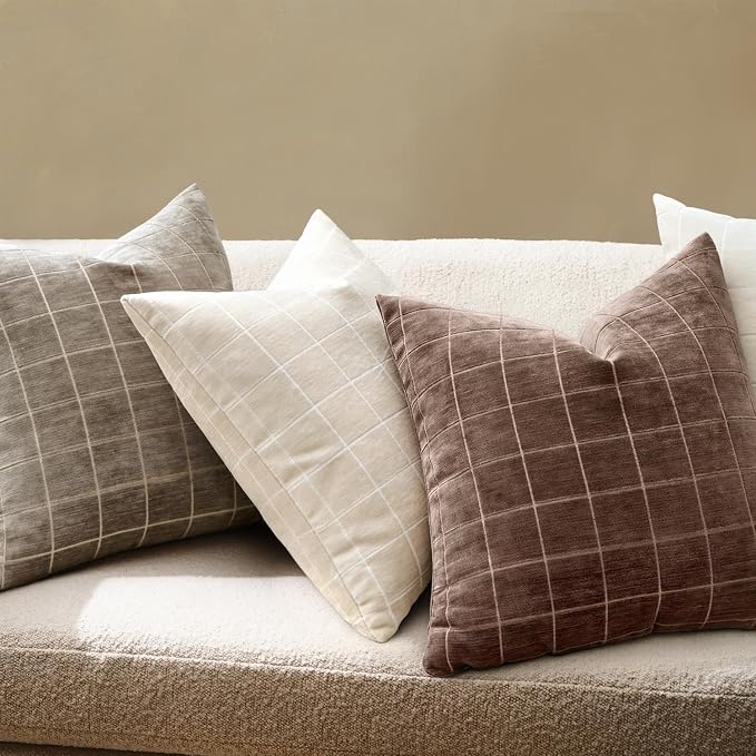MIULEE Reddish Brown Plaid Fall Decor Throw Pillow Covers 18x18 Set of 2 | Vintage Check Chenille Couch Pillows Boho Farmhouse Cushion Covers Modern Fall Home Decor for Sofa Bed Living Room