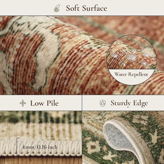 GENIMO 6x9 Area Rugs for Living Room, Machine Washable Non Slip Vintage Rugs, Low Pile Lightweight Chenille Print Rug for Bedroom, Dining Room, Home Office