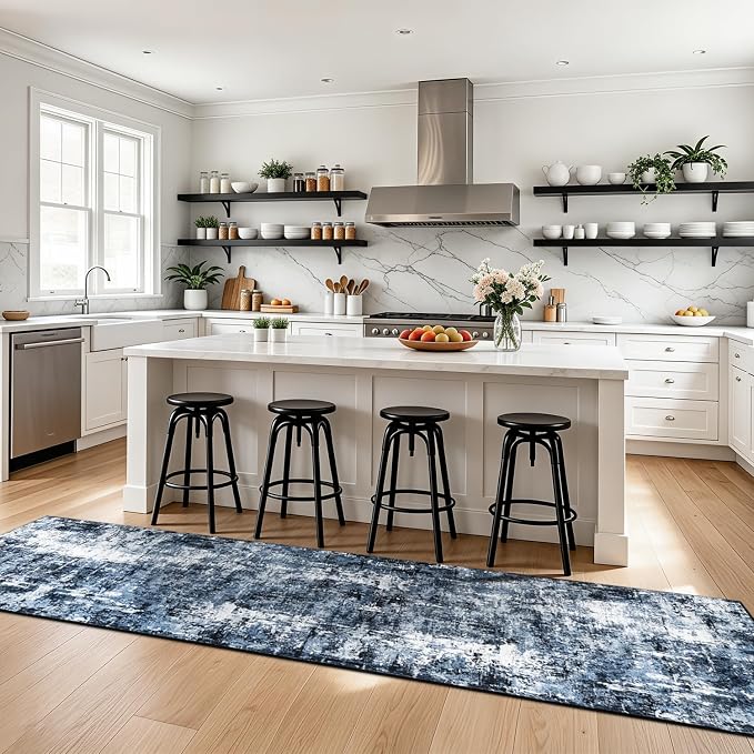 Rugflix 3x12 Runner Rug for Hallway, Washable Navy Blue Long Runners | Machine Washable; Stain-resistant; Low Pile; Non-slip; Modern Abstract; Black Carpet for Entrance Kitchen Hallway Home