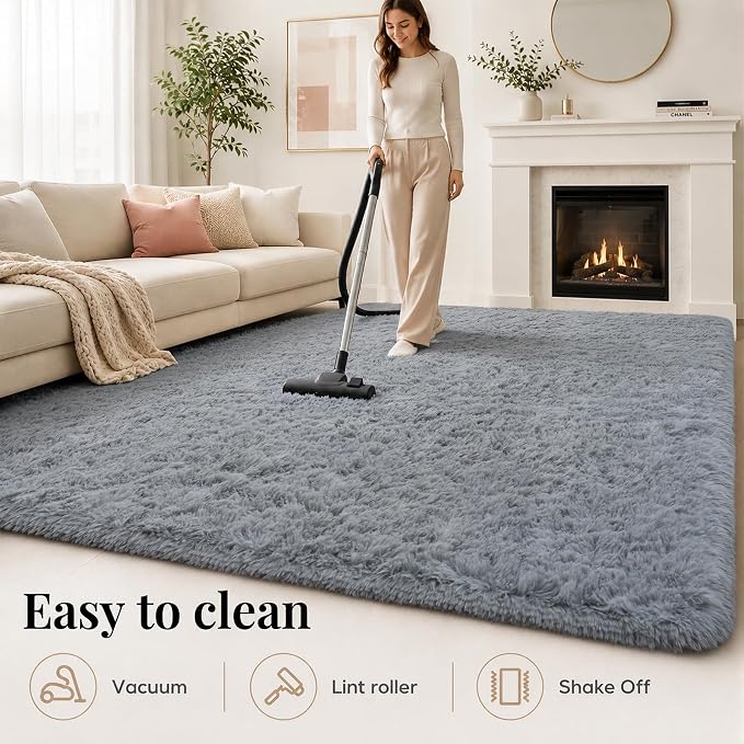 Area Rug for Living Room Bedroom: 9x12 Grey Soft Fluffy Shag Upgrade Non-Slip High Pile Carpet Large Fuzzy Plush Indoor Floor Decor Shaggy Rug for Kid Boys Girls Dorms Playroom Nursery Modern Home