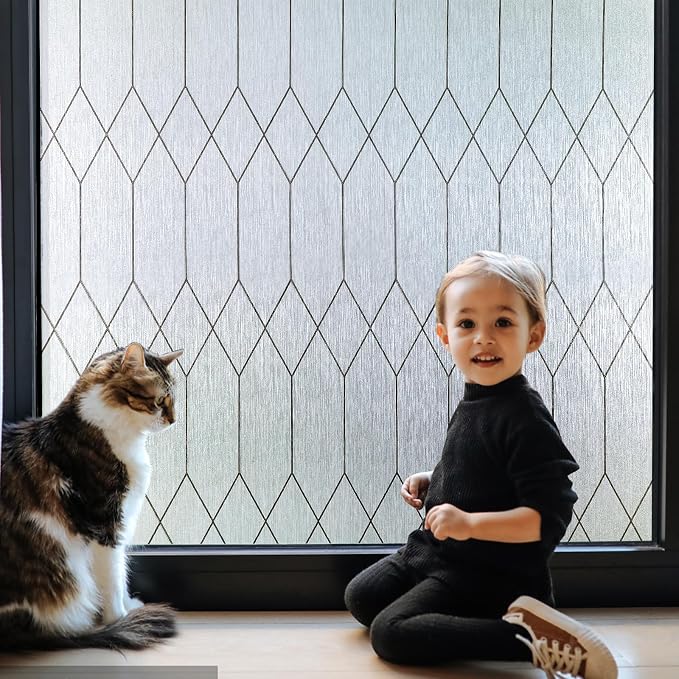 Windimiley Window Privacy Film Stained Glass Static Clings, Bathroom Frosted Leaded Decorative Window Stickers, UV Heat Blocking Opaque Removable for Home Door Coverings (23.6 x 118.1in,Rain)