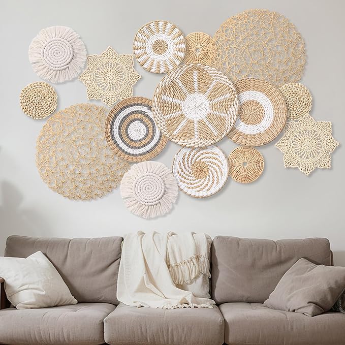 15 Pcs Boho Wall Basket Decor Woven Rattan Seagrass Wall Decor Hanging Rustic Farmhouse Western Art Decoration for Nursery Living Room Bedroom Home Kitchen(Grey White Style)
