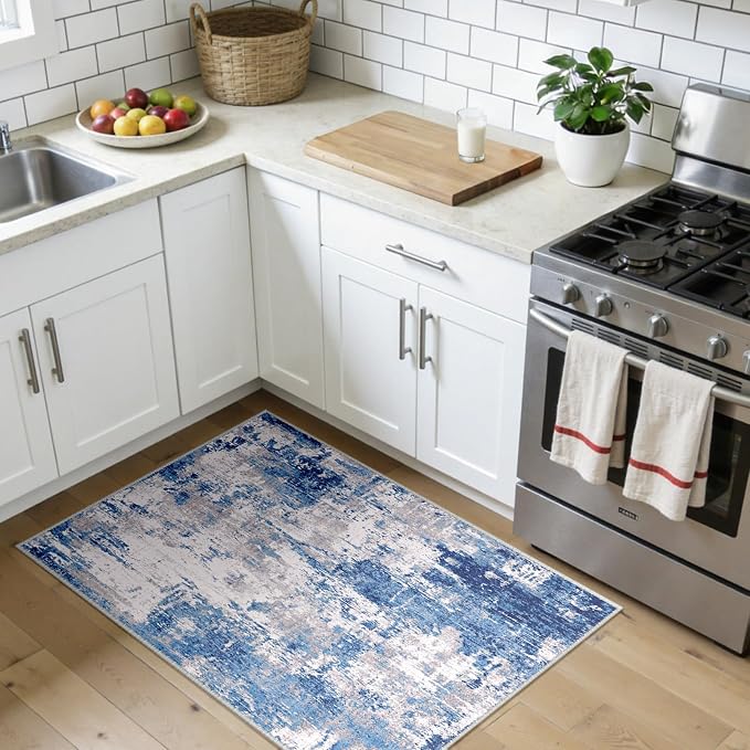 RELEANY Washable Area Rugs 3x4 Non-Slip Modern Abstract Soft for Living Room Entryway Bedroom Kitchen, Print Pattern, Blue Grey Navy Gray