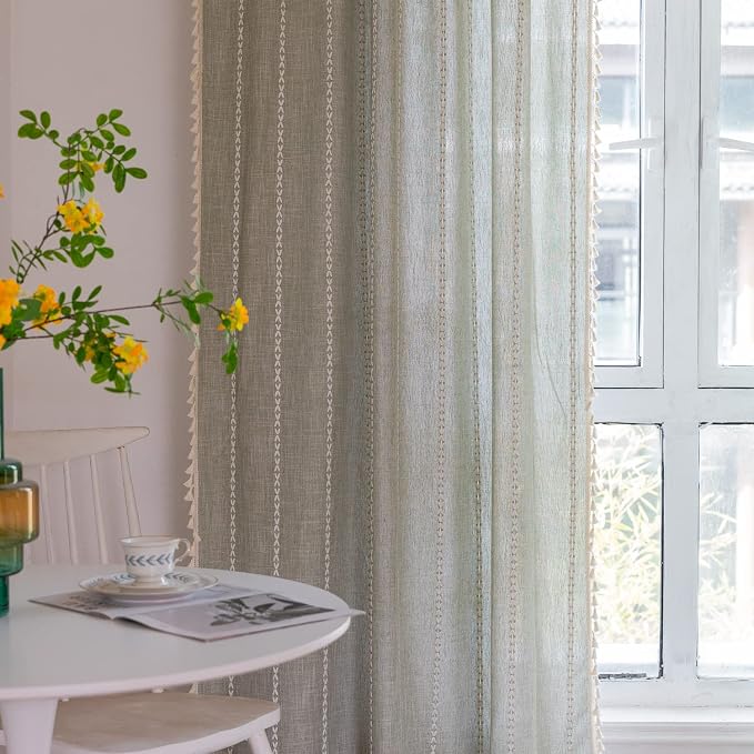 Boho Embroidered Linen Curtains - 96 Inch Long, 2 Panels, Sage Green, Farmhouse Style, Bohemian, Light Filtering for Bedroom & Living Room (52" W x 96" L)