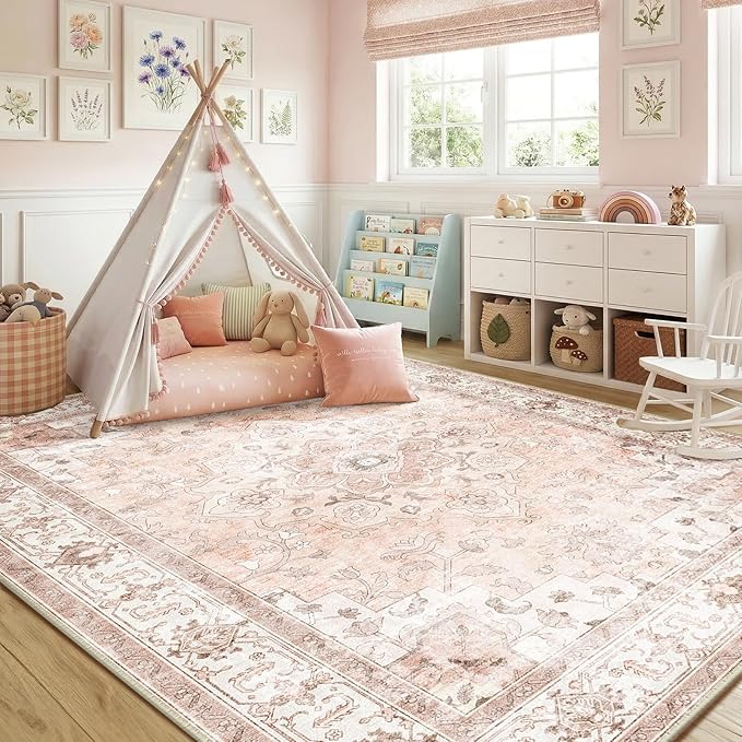 CAPALOCA Machine Washable Rugs Nursery Rug 7x9 Cute Girl Non Slip Low Pile Water Repellent Soft Print Pattern for Bedroom Indoor Decor Kids Playroom Pink
